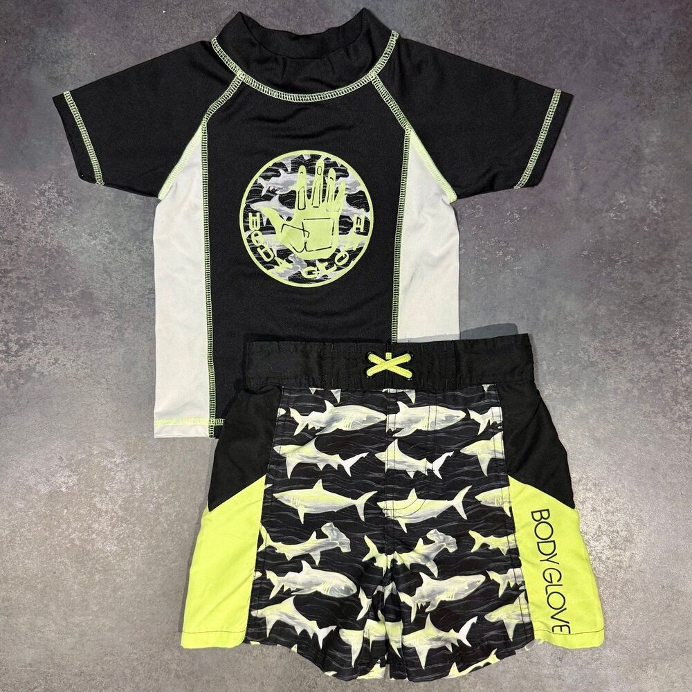 Body Glove 4T Rash Guard Swim Set Shark Trunks Black Neon Green 2 Piece